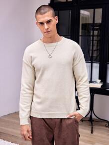 Manfinity Hypemode 男士寬鬆休閒圓領純色毛衣 - 米色 - 查看 1
