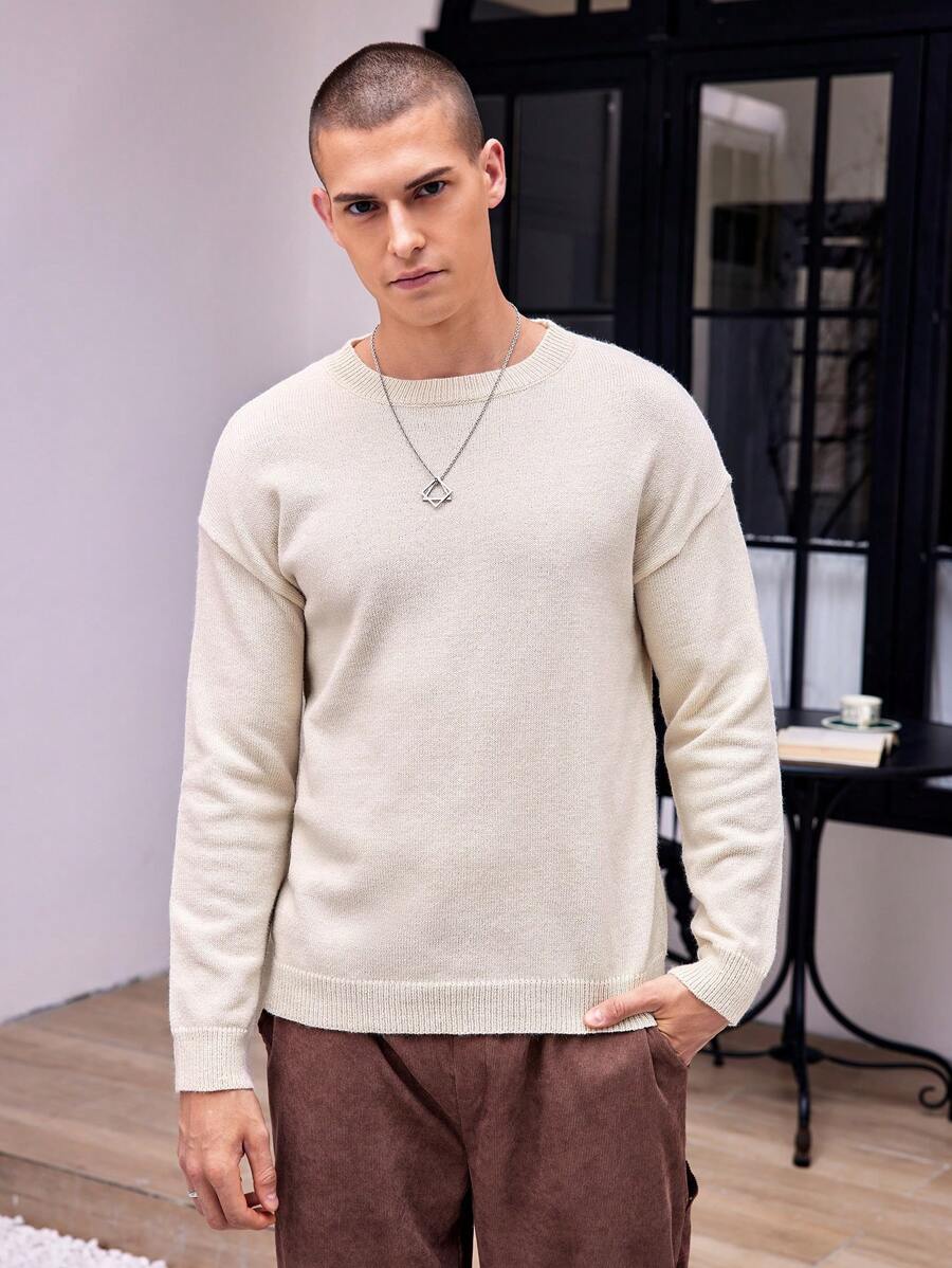 Manfinity Hypemode 男士寬鬆休閒圓領純色毛衣 - 米色 - 查看 1