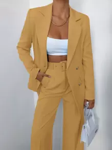 EURMUSE Women's Solid Color Blazer And Long Pants Suit - Beige - View 3