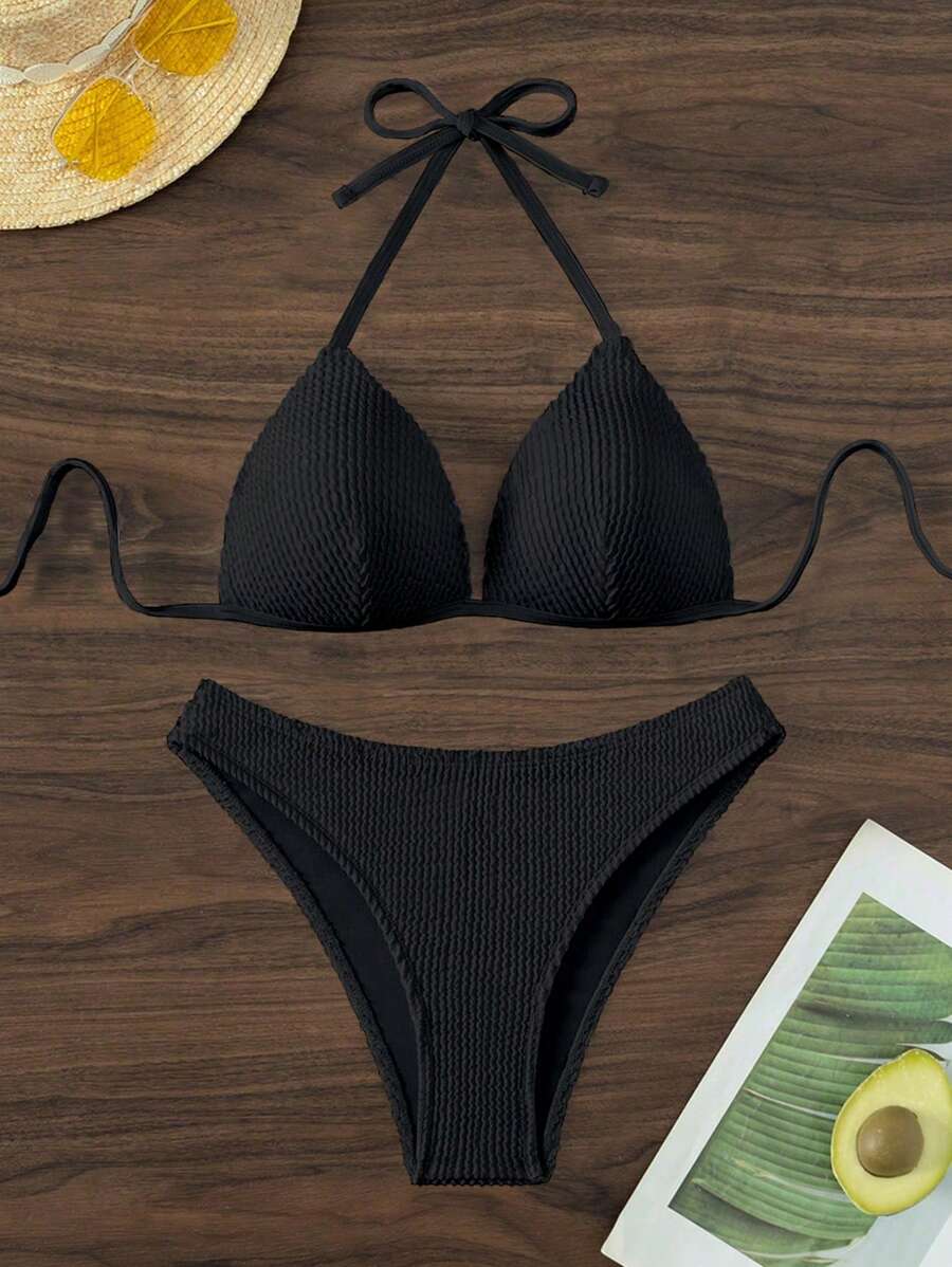 Swim Basics 女士純色綁頸泳衣套裝 - 黑色 - 查看 1