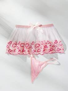 Heart Embroidery Mesh Underwire Lingerie Set - Pink - View 7