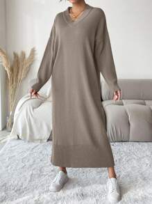 EURMUSE Solid Color Drop Shoulder V-neck Sweater Dress - Brown - View 5