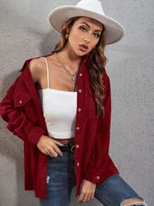 SHEIN Essnce Women's Solid Color Flap Pocket Shirt - Burgundy - View 3