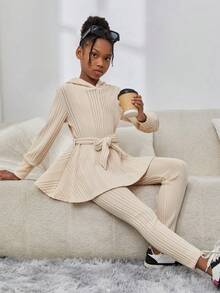 SHEIN Cô gái Mùa Đông Dệt kim ấm Màu thuần Áo nỉ có mũ Và Quần Bộ , Giải trí - Màu be - Xem 5