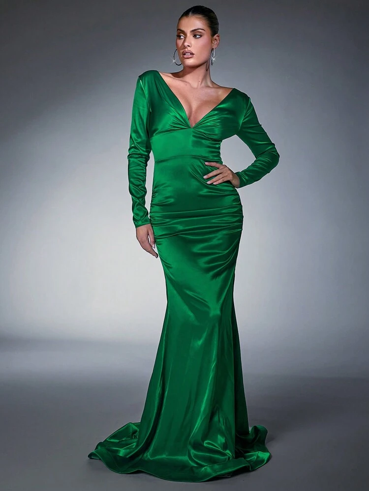 Lace Up Back Mermaid Hem Satin Dress