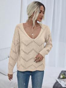 SHEIN LUNE 女款v領垂肩休閒套頭毛衣 - 杏色 - 查看 4