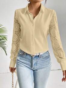 SHEIN Privé 女用蕾絲拼接前紐扣襯衫 - 卡其色 - 查看 3