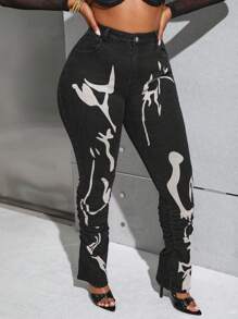 SHEIN SXY Plus Size Skinny Jeans, Black Women's Clothing With Graffiti Style For Thanksgiving & Christmas, High Waisted - Black - View 6