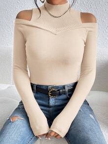 SHEIN BAE 女式長袖冷肩半高領毛衣 - 卡其色 - 查看 6