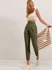 Cloudara Pantalones Cortos Plegados Y Plisados De Color Sólido - Caqui - Ver 7