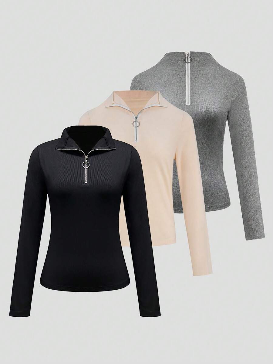 SHEIN LUNE 3pcs Solid Color Ribbed Knit T-shirts - Multicolor - View 1