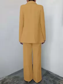 EURMUSE Women's Solid Color Blazer And Long Pants Suit - Beige - View 2