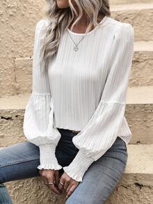 SHEIN LUNE Textured Chất vải Tay áo lồng đèn Áo sơ mi - trắng - Xem 6