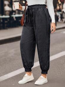 SHEIN LUNE Của phụ nữ Kích thước lớn Nếp gấp cao eo Thắt lưng Quần - Màu xanh hải quân - Xem 5