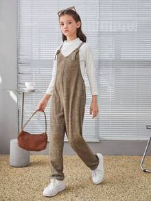 SHEIN Tween Girls Retro Style Loose Fit Suspender Jumpsuit - Khaki - View 4