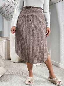 SHEIN Essnce Women's Plus Size Buttoned High Waist Skirt For Spring - Khaki - View 1