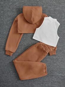 SHEIN Tween Girl 青少年纯色图案字母印花连帽短款运动衫搭配宽松宽裤羊毛加厚休闲套装 - 駝色 - 查看 2