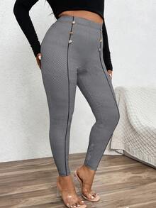 SHEIN LUNE 加大碼格紋鈕扣細節打底褲 - 灰色 - 查看 6