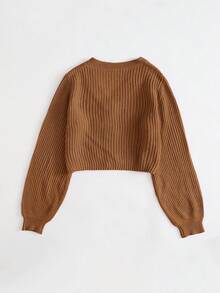 EURMUSE Solid Button Front Ribbed Knit Cardigan - Brown - View 2