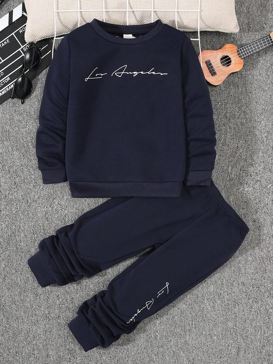 SHEIN Young Boy 2pcs/Set Casual Letter Printed Hoodie And Sweatpants Set - Royal Blue - View 1
