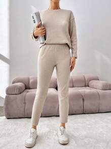 SHEIN Cottnline Women'S Knit Ribbed Drop Shoulder Top And Pants Set - Apricot - View 4
