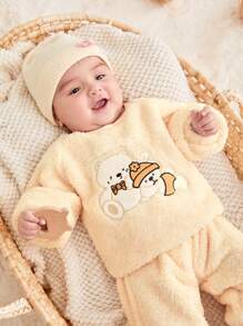 Baby Boy Cartoon Embroidery Raglan Sleeve Teddy Sweatshirt & Pants