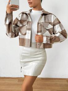 SHEIN Essnce 格紋折領翻蓋口袋羊毛外套 - 卡其色 - 查看 4