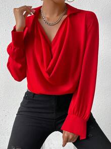 SHEIN Privé 純色披肩領衫 - 紅色 - 查看 4