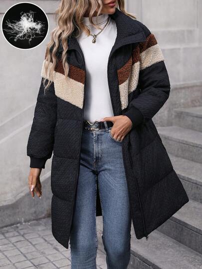SHEIN Unity Doudoune Contrastant À Panneau En Tissu Duveteux À Poches À Capuche