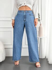 EURMUSE Plus Size Women's Wide-leg Denim Pants - Medium Wash - View 5