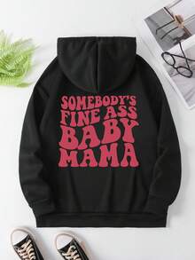 Plus Size Women's Letter Printed Pullover Sweatshirt With Kangaroo Pocket - Black - View 1