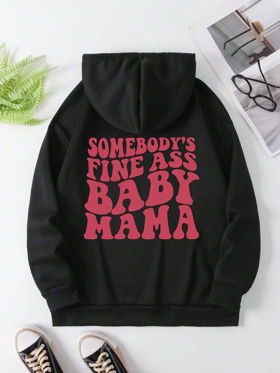 Plus Size Women's Letter Printed Pullover Sweatshirt With Kangaroo Pocket - Black - View 1