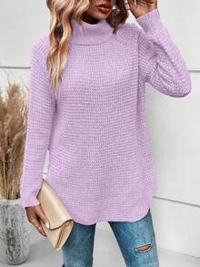 SHEIN Essnce 高領縫肩袖毛衣 - 紫色 - 查看 5