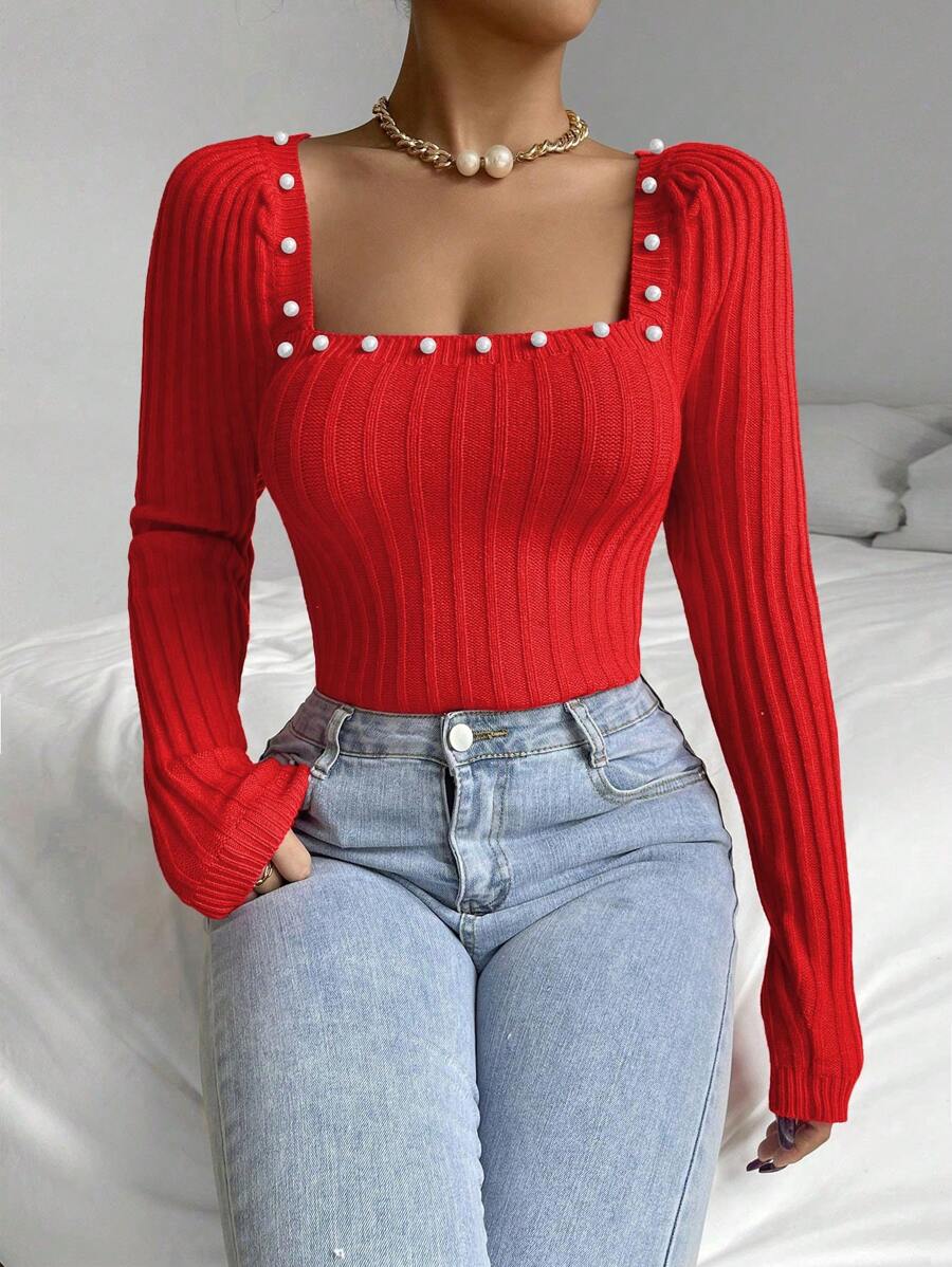 SHEIN Essnce 女式珍珠裝飾泡泡袖毛衣 - 紅色 - 查看 1