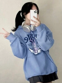 DAZY 女士卡通字母印花束口連帽衛衣 - 紫色 - 查看 3