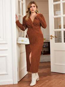 SHEIN Clasi Plus Size Twist Knot And Slit Dress - Orange - View 4