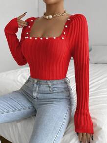SHEIN Essnce 女式珍珠裝飾泡泡袖毛衣 - 紅色 - 查看 4