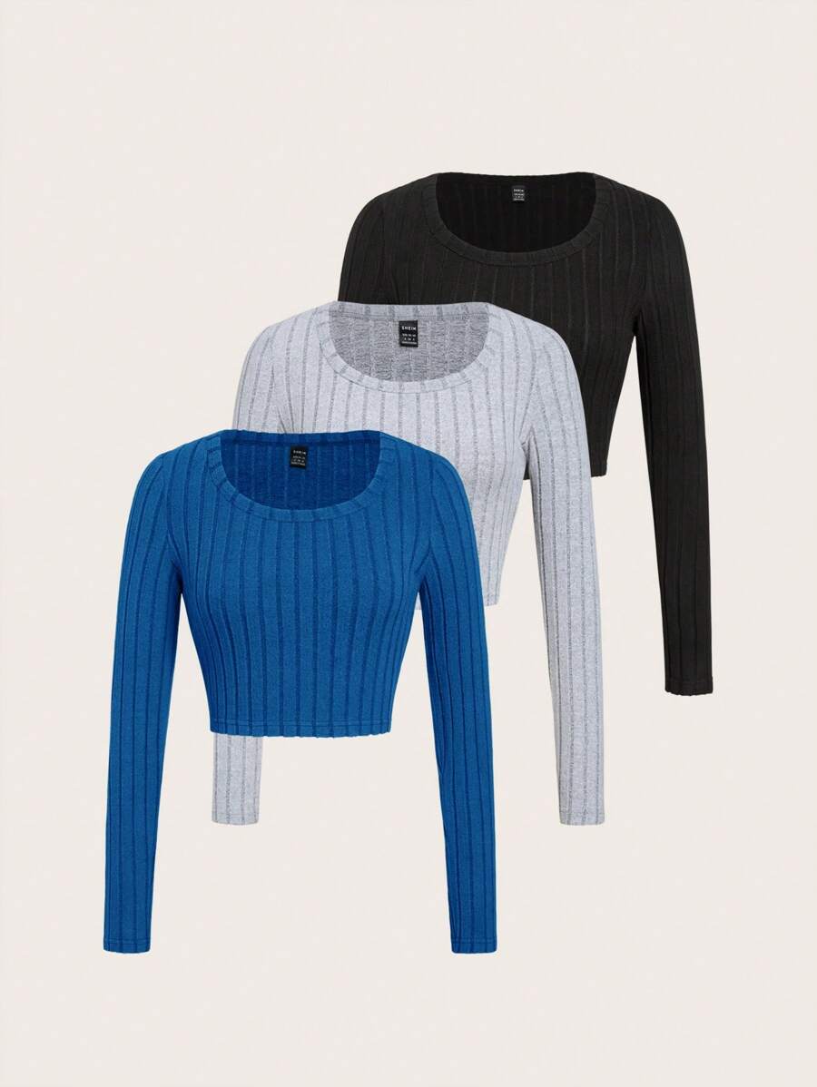 SHEIN Essnce 3pcs/set Solid Color Round Neck Long Sleeve T-shirt