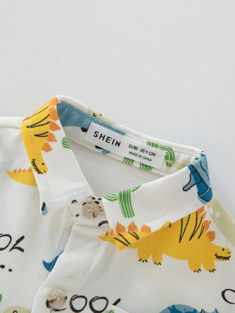 Baby Boy Cartoon Dinosaur Letter Print Short-sleeved Shirt Elastic Waist Shorts Set
