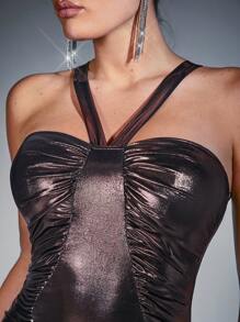 Hauture Ruched Halter Metallic Bodycon Dress - Gold - View 6