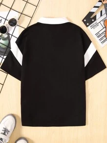 SHEIN 青少年男孩寬鬆的大學風色塊polo衫，短袖上印有字母印花和對比色領口 - 黑色 - 查看 2