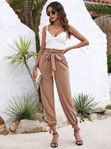 Breezaya 女款花卉蕾絲腰帶和袖口結細節九分褲 - 卡其色 - 查看 5