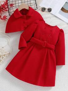 SHEIN 幼兒女童雙排扣裝飾腰帶洋裝外套套裝 - 紅色 - 查看 1