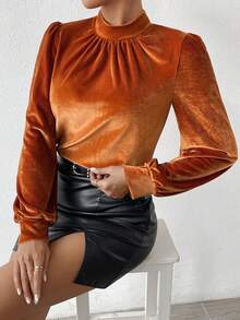 SHEIN Privé 女用天鵝絨立領燈籠袖襯衫 - 咖啡棕 - 查看 5