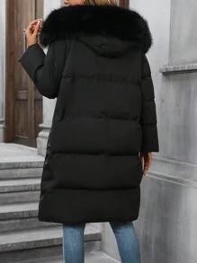 SHEIN LUNE 女士黑色连帽长款棉服棉袄冬季拼布 - 黑色 - 查看 2