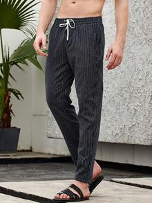 Pantalones A Rayas Con Cintura Con Cordón Para Hombre - azul real - Ver 7