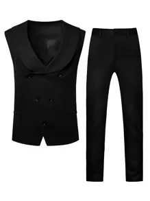 Manfinity Mode Men's Shawl Collar Double Breasted Suit Jacket Vest Pants Set - Black - View 4