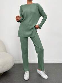 Cloudara Drop Shoulder Split Hem Tee & Pants - Green - View 1