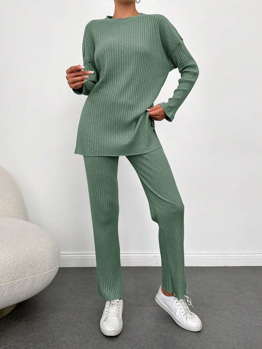 Cloudara Drop Shoulder Split Hem Tee & Pants - Green - View 1