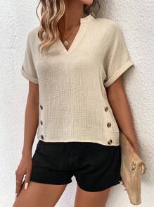 Chiquease Ladies' Simple Solid Color V-neck Short Sleeve Shirt - Apricot - View 1